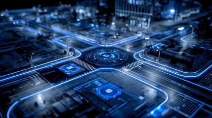 Futuristic city streets overlaid with glowing digital interface.