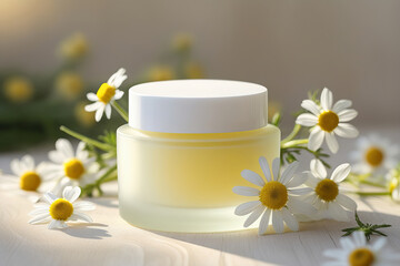 Frosted glass jar with pale yellow chamomile soothing cream, chamomile flowers arranged around