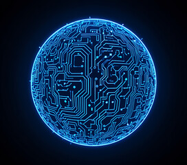 Futuristic Glowing Blue Circuit Board Sphere Representing Digital Network on Transparent Background