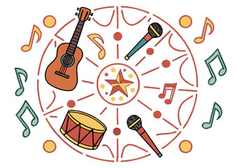 Obraz premium Music performance wheel with guitar drum and microphones Keywords: music, guitar, drum