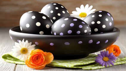 Black eggs with white and purple polka dots in a bowl, surrounded by flowers