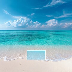 Travel and vacation promotion banner, bright blue blank area in the bottom right corner, white sandy beach and turquoise sea in the center, slightly cloudy sky, fresh and relaxing atmosphere 