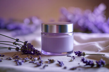 Minimalist glass jar with lavender-colored night repair cream, dried lavender flowers scattered around