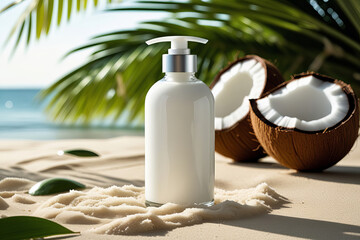A visually appealing beach setting featuring a bottle with silky white coconut moisturizing body lotion, placed on soft, white sand.
