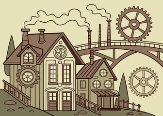 Obraz premium Steampunk village with gears and smokestacks industrial
