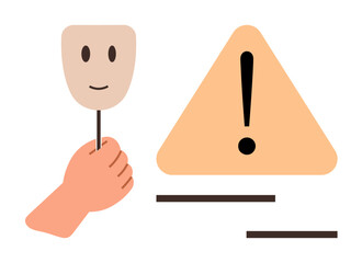 Hand gripping mask with facial features beside yellow warning triangle. Ideal for identity, deception, caution, alert, fraud, awareness campaigns, cybersecurity. Minimalist flat metaphor