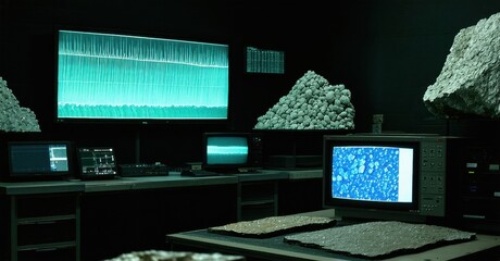 Dark room features monitors displaying data. Rocks present alongside equipment. Mysterious atmosphere suggests scientific research.