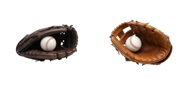 Baseball game action unique leather gloves with ball outdoor sports environment. Cut out PNG set