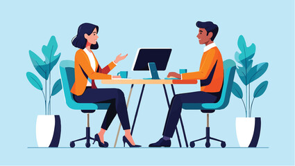 Man and woman at a desk for a job interview or business consultation. Vector illustration.