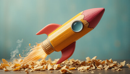 Yellow pencil rocket launching with creative energy from a pile of wood shavings on a blue background