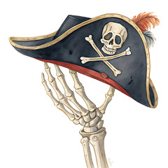 Adventurous Skeleton Hand Holds Pirate Hat in Watercolor Clip Art Against White Background