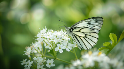Fototapeta premium Butterfly on White Flowers. A close-up of a butterfly perched on white flowers with a blurred green background, showcasing nature s delicate beauty