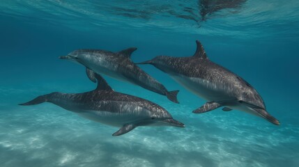 Fototapeta premium Three dolphins swimming in the turquoise ocean with sunlit sand, perfect for marine life and ocean conservation