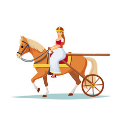 Chariot racer with horse drawn carriage cartoon vector illustration. Woman in ancient Roman or Greek chariot vehicle.