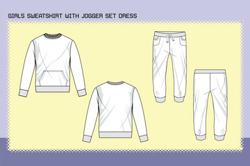 GIRLS SWEATSHIRT WITH JOGGER SET DRESS FLAT SKETCH FASHION TEMPLATE TECHNICAL DRAWING ILLUSTRATION.cdr