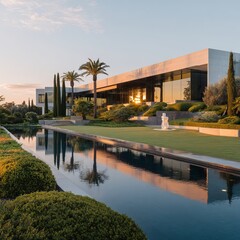massive modern luxury villa with geometric architecture, full-height glass walls, expansive manicured lawn, infinity pool reflecting the sky, minimalist landscaping with trimmed hedges, elegant palm 