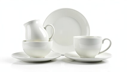 Fototapeta premium White porcelain tableware set displayed on a white background.