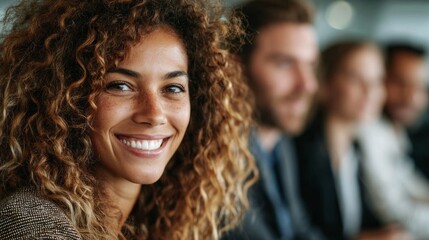 Obraz premium Multi-ethnic group of business people sharing smiles during a meeting in a modern office environment