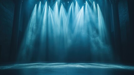 A dark theater with shining light beams
