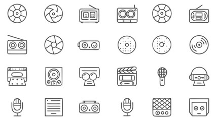 Collection of audio equipment and media icons featuring radios, speakers, microphones, and various disc formats silhouette