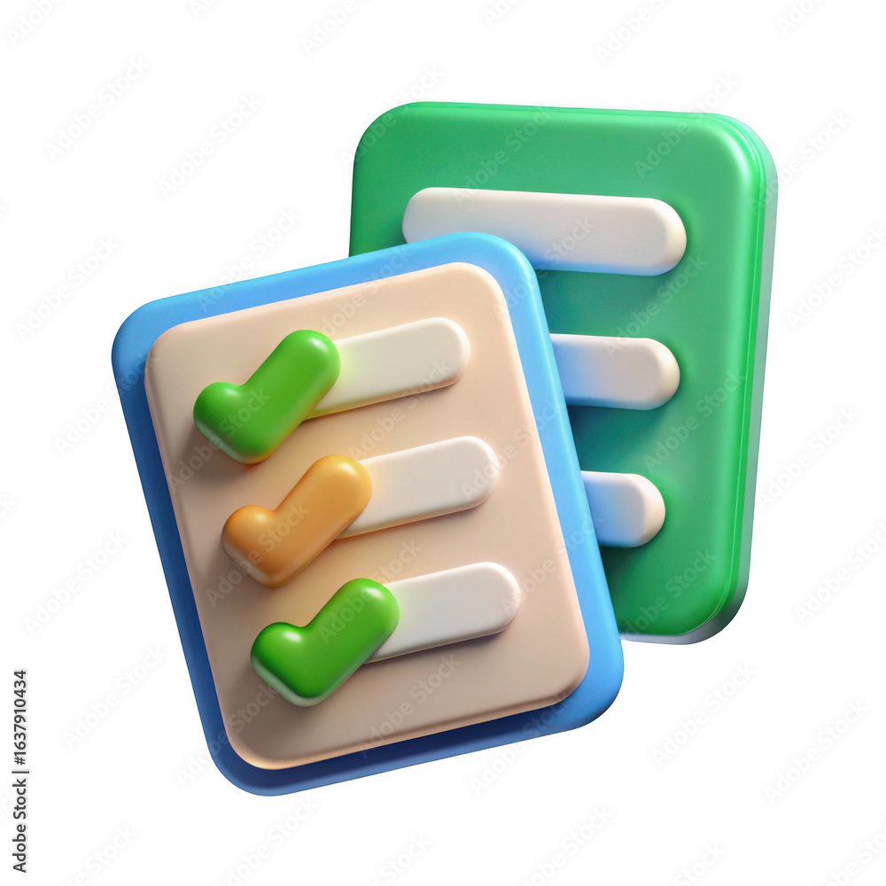 Poster 3d checklist icon with green and yellow checkmarks isolated on transparent background