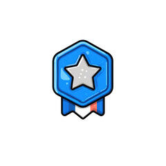 Obraz premium Blue hexagon badge with star and ribbon