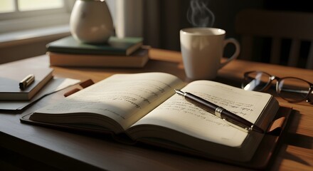 Naklejka premium Cozy Study Scene: Journal, Pen, and Coffee on Desk