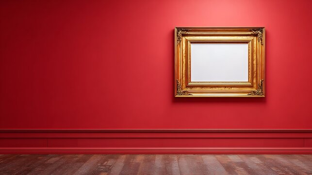 Antique art fair gallery frame on royal red wall at auction house or museum exhibition blank template with empty white copyspace for mockup design artwork concept .