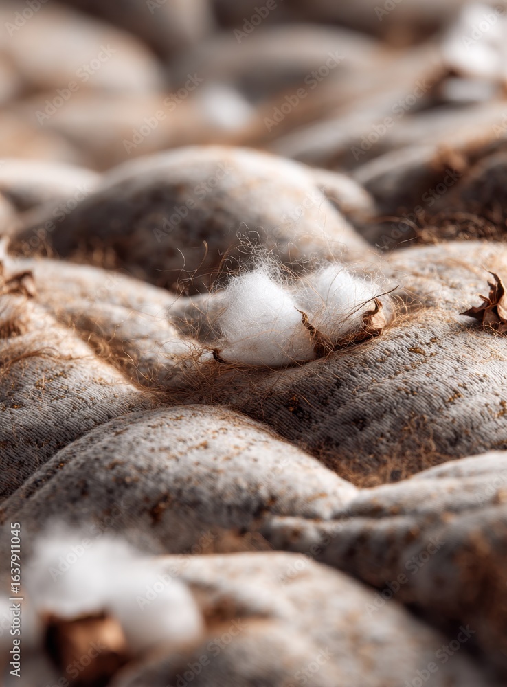 Poster close-up view of soft, textured fabric with fluffy cotton balls resting atop, creating a visually ap