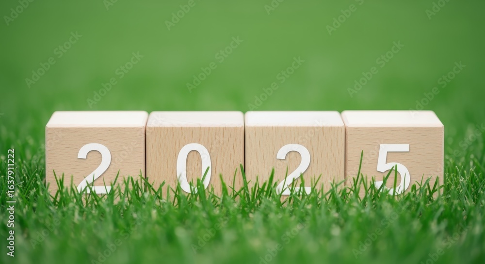Poster year 2025 numeric blocks on green grass background symbolizing new year and future opportunities