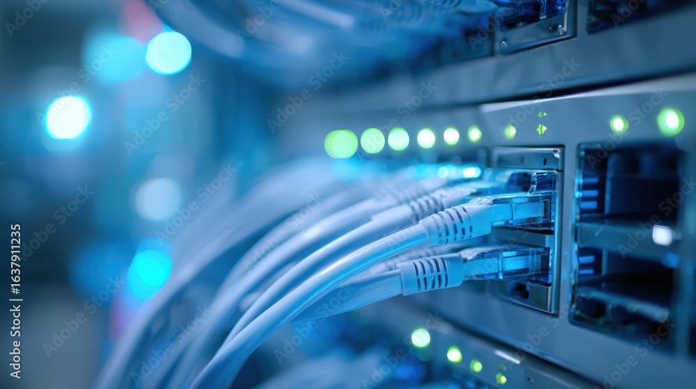 Poster network server hub with ethernet cables connected, providing data transmission and connectivity