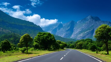 Naklejka premium Asphalt highway road and green forest with mountain natural landscape under blue sky .