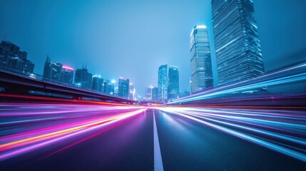 Fototapeta premium Urban Nightscape with Dynamic Light Trails: Capturing City Life and Modern Transportation in Motion