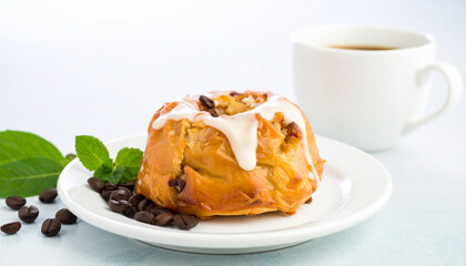 Cinnamon Roll and Coffee: A close-up shot showcases a freshly baked cinnamon roll with a glaze next to a cup of coffee, alongside coffee beans and sprigs of mint on a white plate.