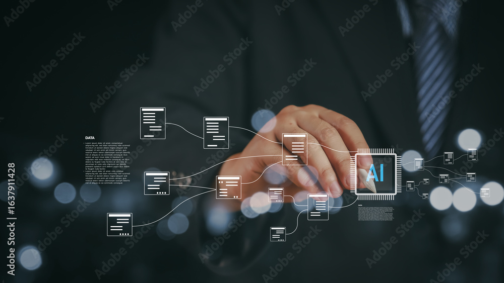 Poster businessman working with ai chip interface and big data flow structure. concept for artificial intel