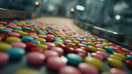 Obraz premium Colorful candies move along a production line, showing the process of mass manufacturing and the sweet treats being made.
