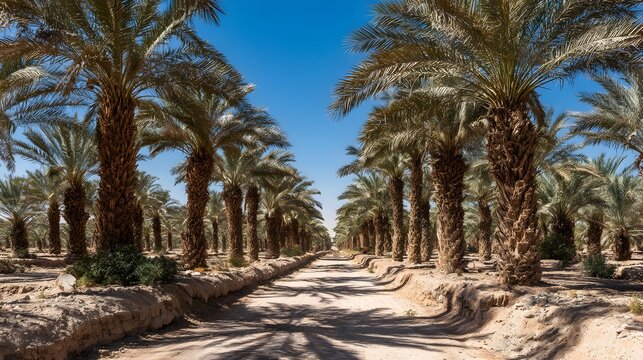 Date palm trees planted in rows, creating a straight path. - Powered by Adobe