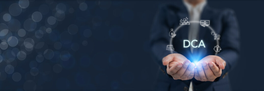 Dollar Cost Averaging Investment Concept. Businessman holding a glowing "DCA" symbol surrounded by financial icons, representing the concept of dollar cost averaging in investment strategies.