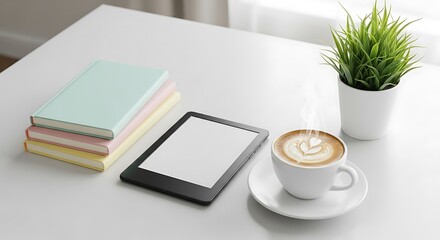 Blank screen e-reader, pastel notebooks, and latte art coffee on a clean white table.