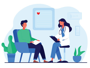 Doctor and Patient Discussing Health in a Medical Office. Vector Illustration.