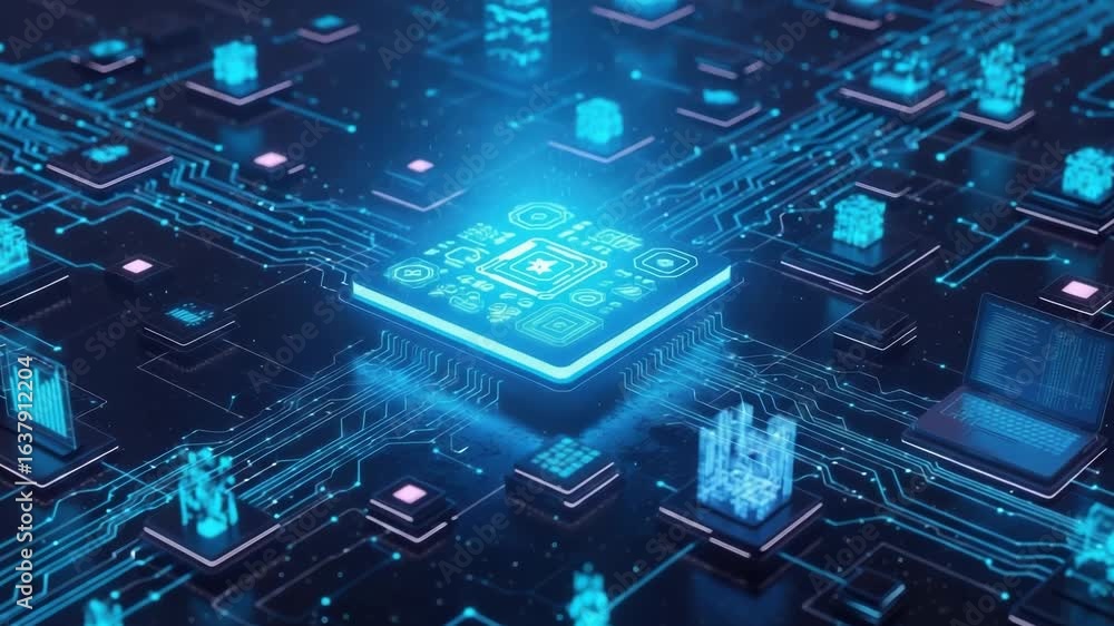 Poster a futuristic digital circuit board glows with vibrant blue light, showcasing interconnected nodes an
