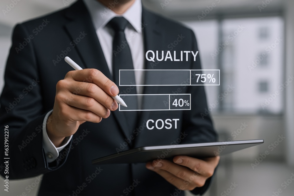 Poster business professional analyzes quality vs. cost data using digital interface and tablet technology i