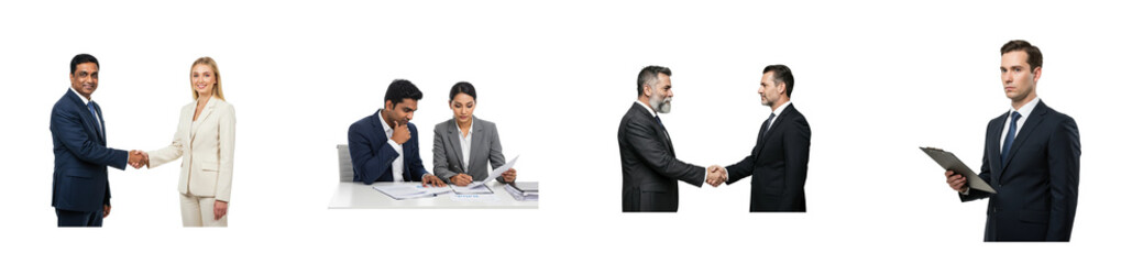 Professional networking event business meetings and handshakes in a modern office environment. Cut out PNG set
