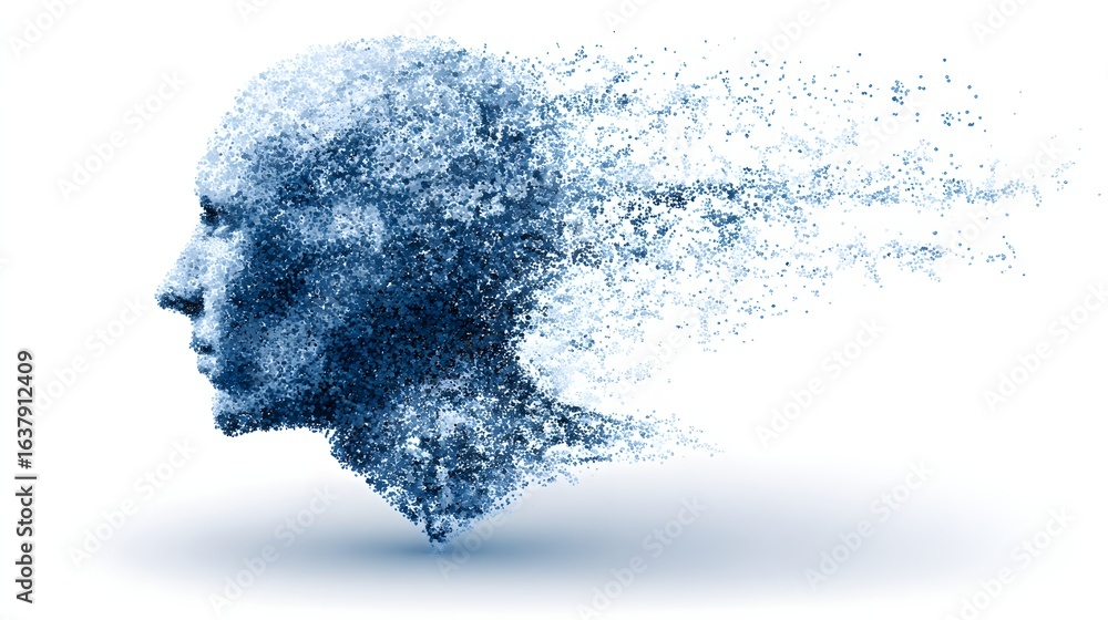 Aufkleber profile view of a head composed of fragmented particles.