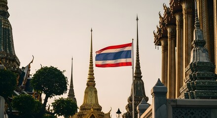 Thailand Flag Waving Over Golden Temple Spires