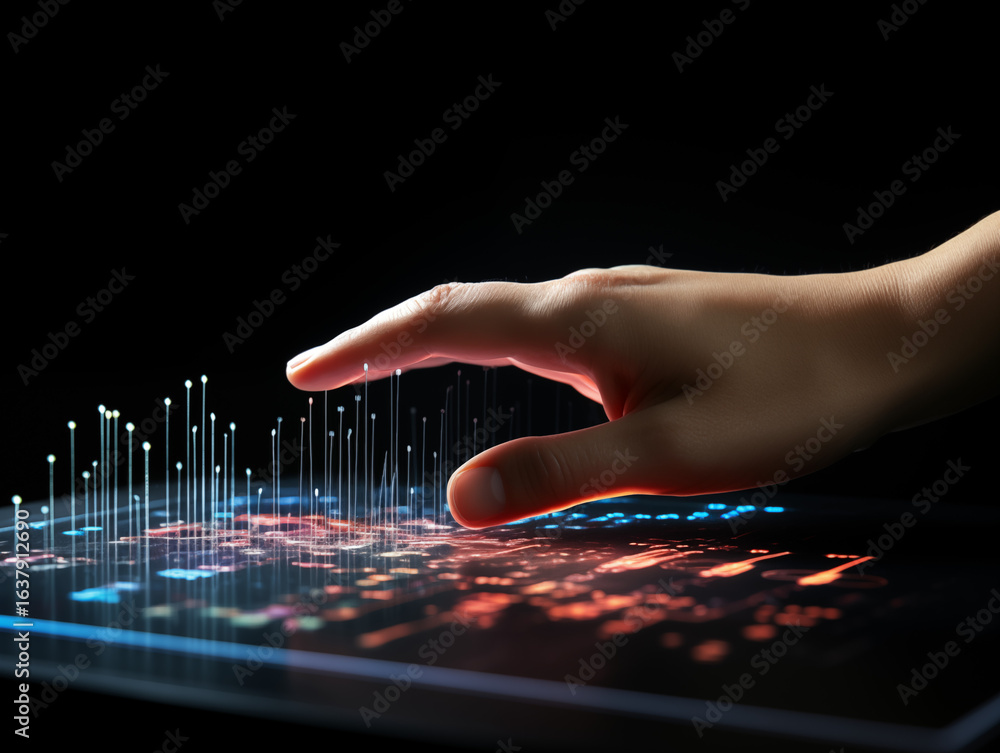 Poster fingertip interacts with glowing data points on a futuristic digital interface, symbolizing innovati
