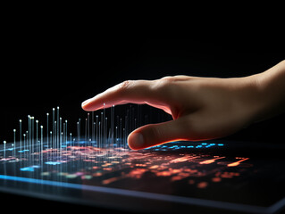 Fingertip interacts with glowing data points on a futuristic digital interface, symbolizing innovation.