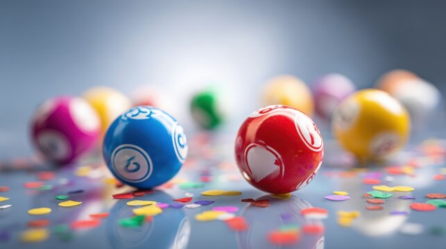 Colorful Bingo Balls with Confetti Scatter, Focus on Red and Blue Balls, Gambling Concept