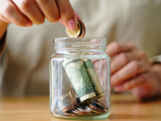 Saving money for future investments, person dropping coins into jar full of cash, symbolizing financial planning and wealth accumulation, home savings