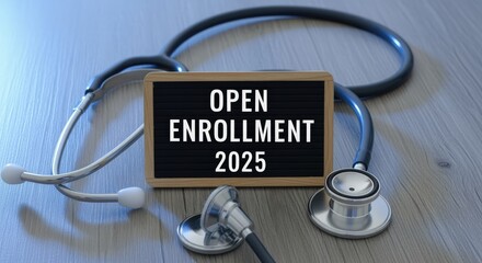 Open Enrollment 2025 Announcement: Stethoscope and Sign for Healthcare, Benefits, and Insurance Planning